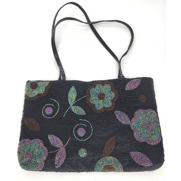 Black and Iridescent Beaded Floral Shoulder Bag - Picture 8 of 10
